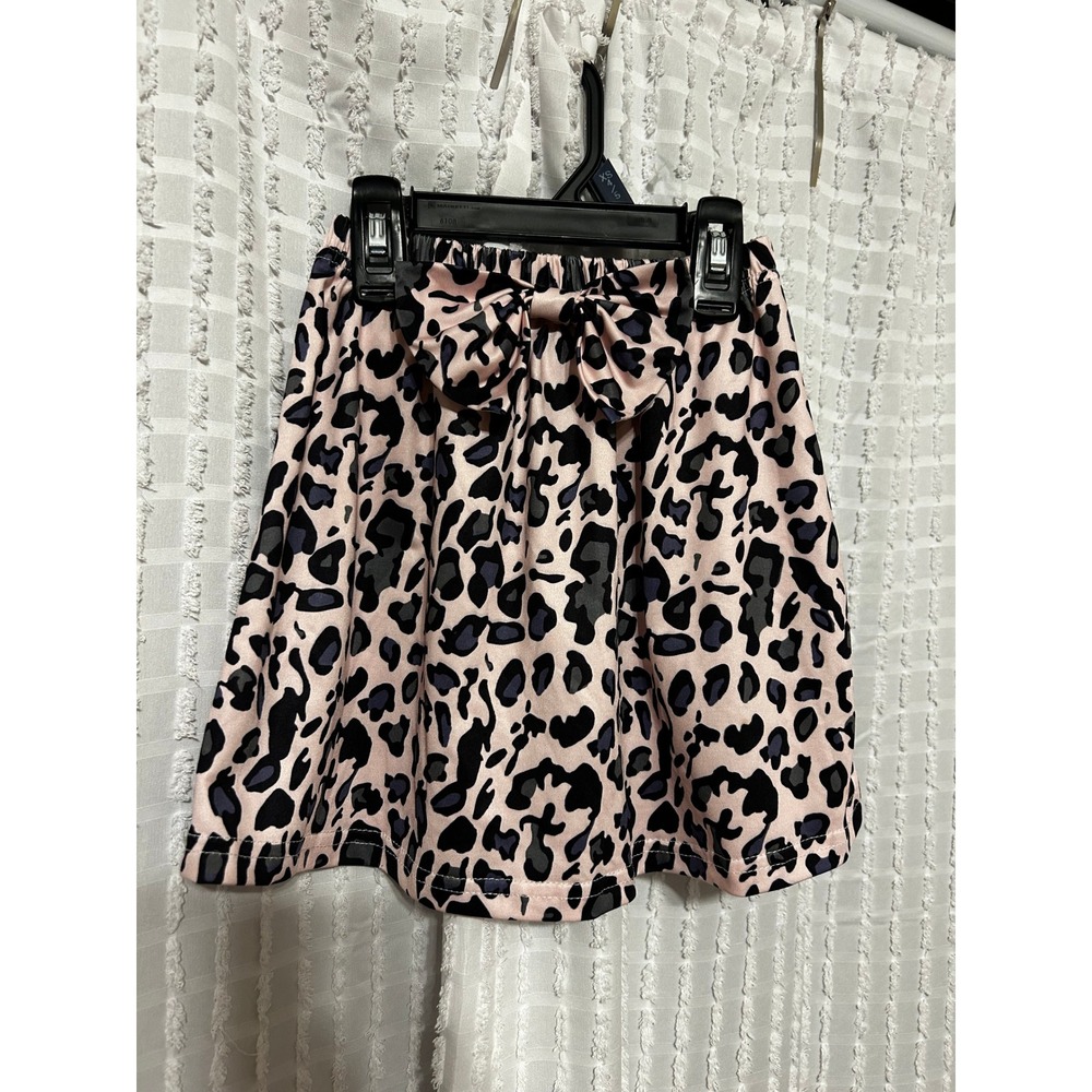 Girls Pink Leopard Print Skirt Elastic Waist Front Bow Animal Pattern Skater